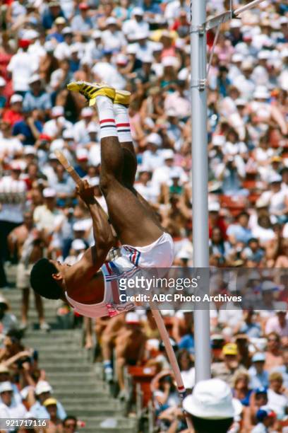Los Angeles, CA Daley Thompson, Men's decathlon pole vault competition, Memorial Coliseum, at the 1984 Summer Olympics, August 8, 1984.