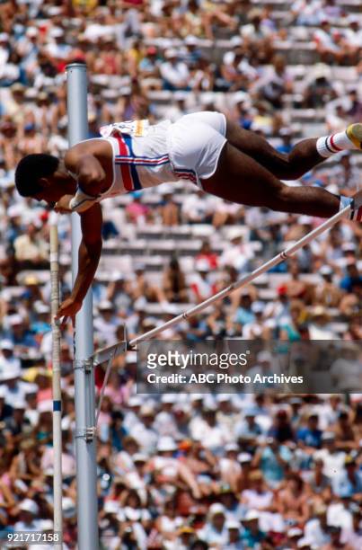 Los Angeles, CA Daley Thompson, Men's decathlon pole vault competition, Memorial Coliseum, at the 1984 Summer Olympics, August 8, 1984.