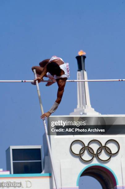 Los Angeles, CA Daley Thompson, Men's decathlon pole vault competition, Memorial Coliseum, at the 1984 Summer Olympics, August 8, 1984.