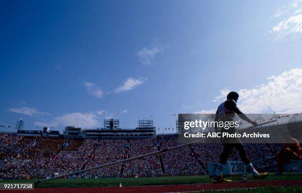 Los Angeles, CA Daley Thompson, Men's decathlon pole vault competition, Memorial Coliseum, at the 1984 Summer Olympics, August 8, 1984.