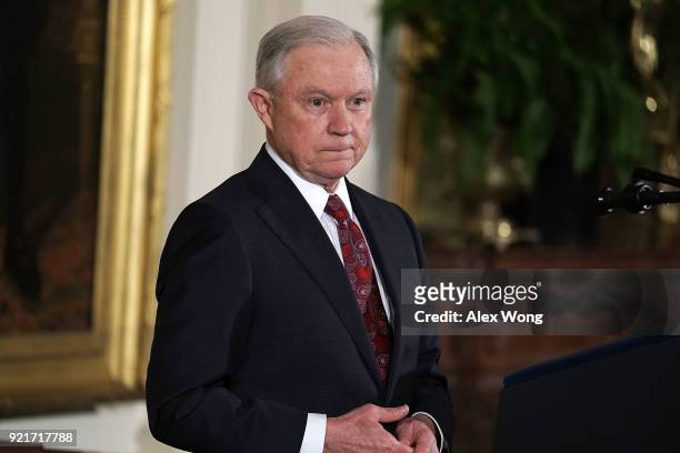 Attorney General Jeff Sessions pauses during a Public Safety Medal of Valor award ceremony at the East Room of the White House February 20, 2018 in...