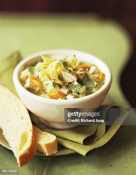 bowl of chicken noodle soup - sopa de pollo con fideos fotografías e imágenes de stock
