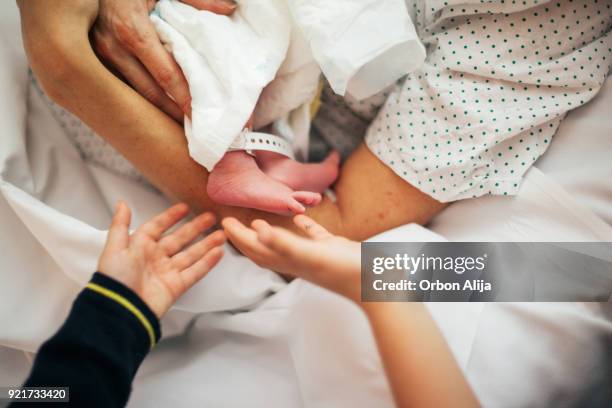 mother introduces her newborn baby to her children - sibling hospital stock pictures, royalty-free photos & images