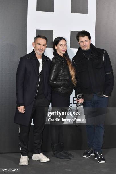 Neil Barrett, Benedetta Mazzini and Corto Moltedo are seen at the Moncler Genius event during Milan Fashion Week Fall/Winter 2018/19 on February 20,...