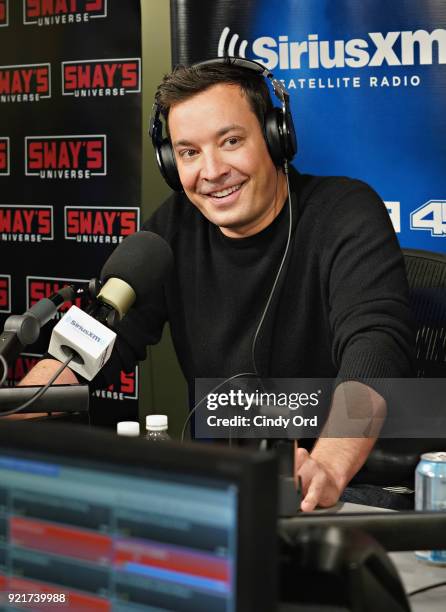 Jimmy Fallon visits 'Sway in the Morning' with Sway Calloway on Eminem's Shade 45 at the SiriusXM Studios on February 20, 2018 in New York City.