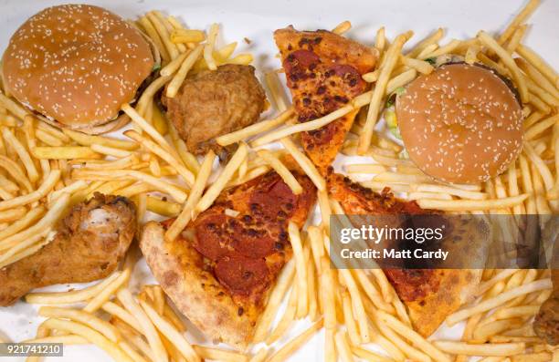 In this photo illustration, fast food from a branch of McDonald's, Burger King, KFC, Subway and Domino's pizza is pictured on February 20, 2018 in...