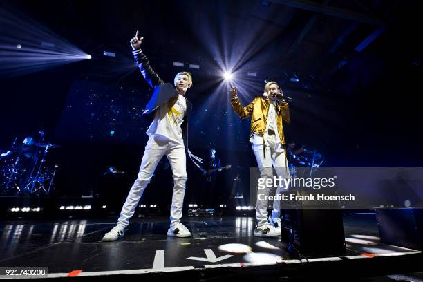 Martinus Gunnarsen and Marcus Gunnarsen of the Norwegian band Marcus & Martinus perform live on stage during a concert at the Columbiahalle on...