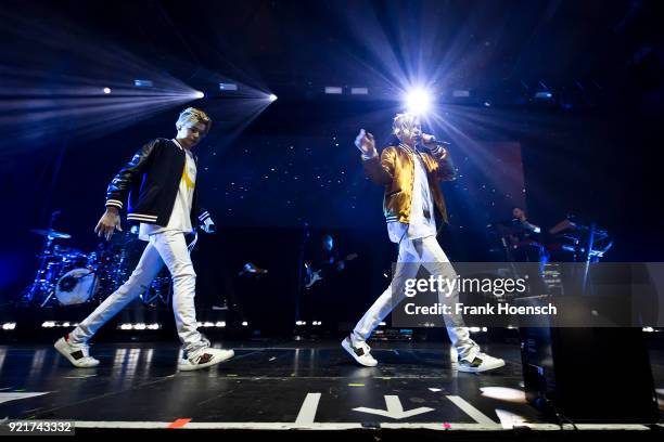 Martinus Gunnarsen and Marcus Gunnarsen of the Norwegian band Marcus & Martinus perform live on stage during a concert at the Columbiahalle on...