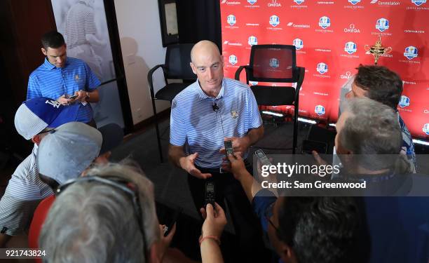 Jim Furyk, Captain of the United States Team, speaks to the media during a press conference at PGA National Headquarters on February 20, 2018 in Palm...