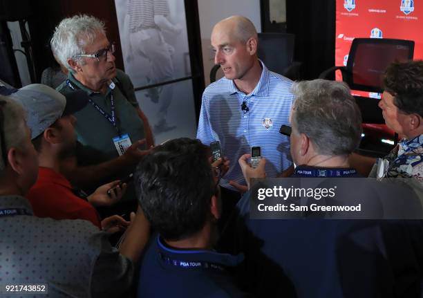 Jim Furyk, Captain of the United States Team, speaks to the media during a press conference at PGA National Headquarters on February 20, 2018 in Palm...