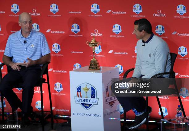 Jim Furyk, Captain of the United States Team, speaks to the media during a press conference at PGA National Headquarters on February 20, 2018 in Palm...