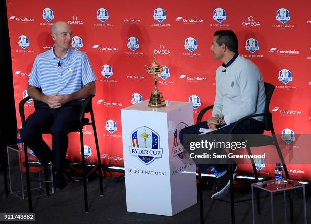 Jim Furyk, Captain of the United States Team, speaks to the media during a press conference at PGA National Headquarters on February 20, 2018 in Palm...