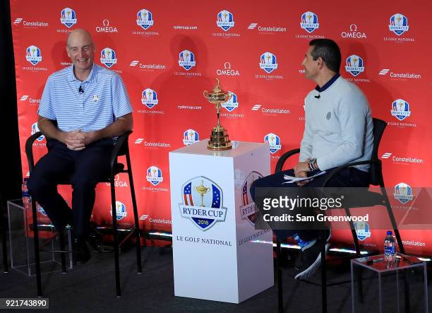 Jim Furyk, Captain of the United States Team, speaks to the media during a press conference at PGA National Headquarters on February 20, 2018 in Palm...