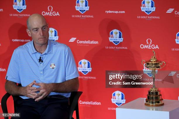 Jim Furyk, Captain of the United States Team, speaks to the media during a press conference at PGA National Headquarters on February 20, 2018 in Palm...