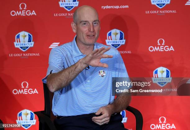 Jim Furyk, Captain of the United States Team, speaks to the media during a press conference at PGA National Headquarters on February 20, 2018 in Palm...