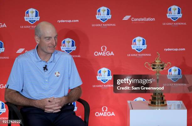 Jim Furyk, Captain of the United States Team, speaks to the media during a press conference at PGA National Headquarters on February 20, 2018 in Palm...