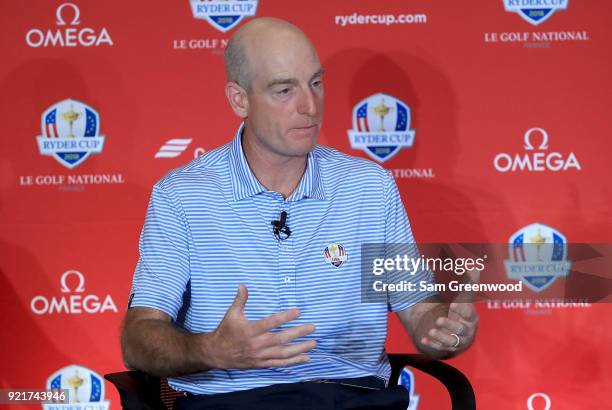 Jim Furyk, Captain of the United States Team, speaks to the media during a press conference at PGA National Headquarters on February 20, 2018 in Palm...