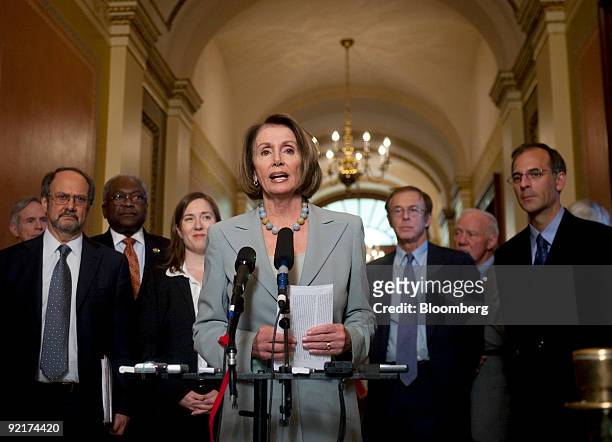 House Speaker Nancy Pelosi, a Democrat from California, speaks during a news conference following a meeting with Democratic leaders and economic...
