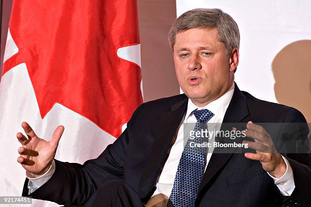 Stephen Harper, prime minister of Canada, speaks at the Economic Edge '09 conference in Toronto, Ontario, Canada, on Wednesday, Oct. 21, 2009. The...