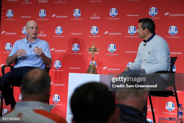 Jim Furyk, Captain of the United States Team, and Senior Director of Public Awareness, PGA of America, Julius Mason speak to the media during a press...