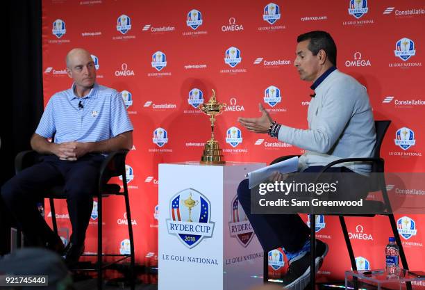 Jim Furyk, Captain of the United States Team, and Senior Director of Public Awareness, PGA of America, Julius Mason speak to the media during a press...