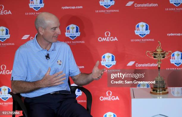 Jim Furyk, Captain of the United States Team, speaks to the media during a press conference at PGA National Headquarters on February 20, 2018 in Palm...