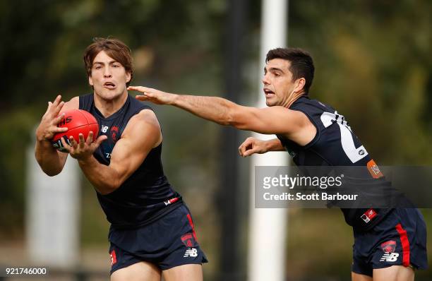 Jack Viney marks the ball during a Melbourne Demons AFL training session at Gosch's Paddock on February 21, 2018 in Melbourne, Australia.