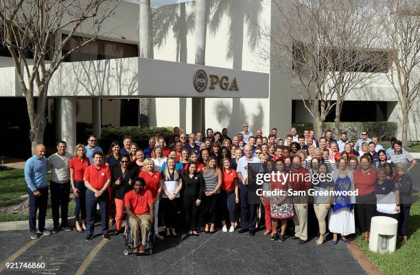 Jim Furyk, Captain of the United States Team, poses with the PGA Staff prior to The Honda Classic at PGA Headquarters on February 20, 2018 in Palm...