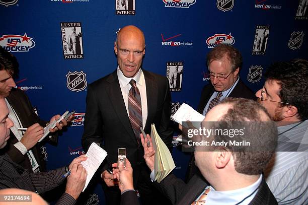 Hall of Fame member and 2009 Lester Patrick Trophy recipient Mark Messier is interviewed by the media during the Lester Patrick Trophy Celebration at...