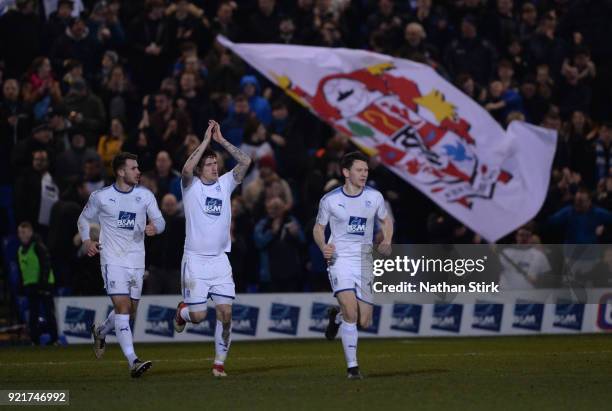 Andy Cook of Tranmere Rovers claps his team mates after he scores during the Vanarama National League match between Tranmere Rovers and Macclesfield...