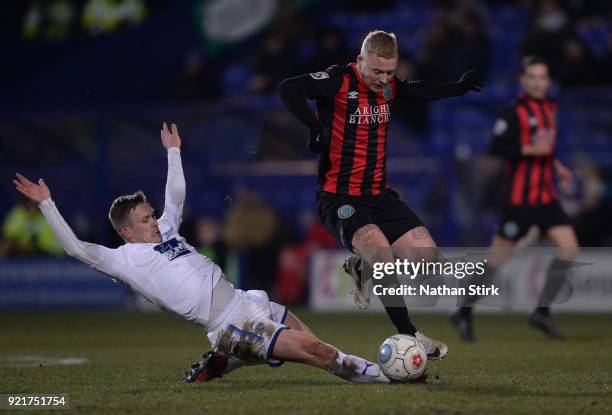 Elliott Durrell of Macclesfield Town in action during the Vanarama National League match between Tranmere Rovers and Macclesfield Town at Prenton...