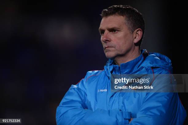 John Askey manager of Macclesfield Town looks on during the Vanarama National League match between Tranmere Rovers and Macclesfield Town at Prenton...