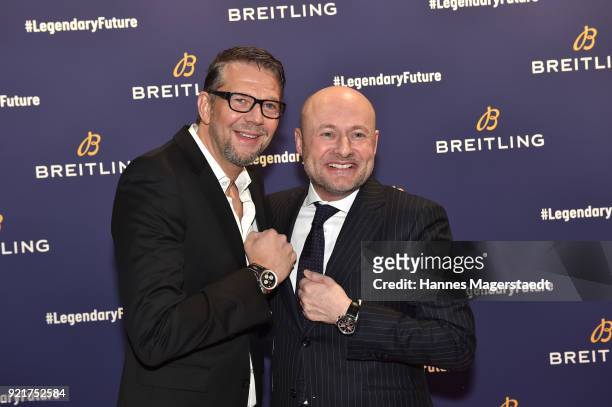 Kai Wiesinger and Breitling-CEO Georges Kern during the Breitling Roadshow '#LEGENDARYFUTURE' Navitimer 8 at Freiheizhalle on February 20, 2018 in...