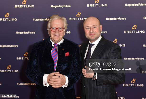 Justus Frantz and Breitling-CEO Georges Kern during the Breitling Roadshow '#LEGENDARYFUTURE' Navitimer 8 at Freiheizhalle on February 20, 2018 in...