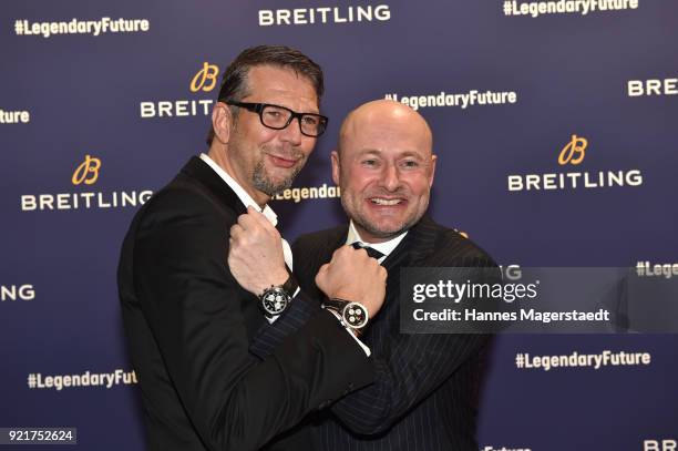 Kai Wiesinger and Breitling-CEO Georges Kern during the Breitling Roadshow '#LEGENDARYFUTURE' Navitimer 8 at Freiheizhalle on February 20, 2018 in...