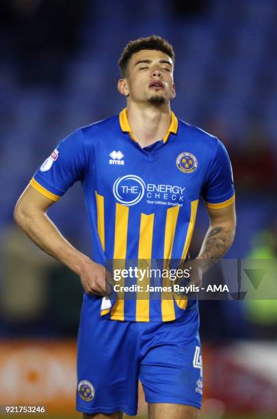 Ben Godfrey of Shrewsbury Town reacts at full time during the Sky Bet League One match between Shrewsbury Town and Gillingham at New Meadow on...