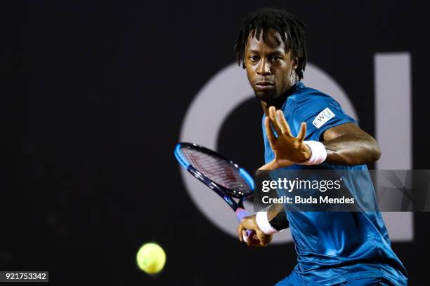 Gael Monfils of France returns a shot to Horacio Zeballos of Argentina during the ATP Rio Open 2018 at Jockey Club Brasileiro on February 20, 2018 in...