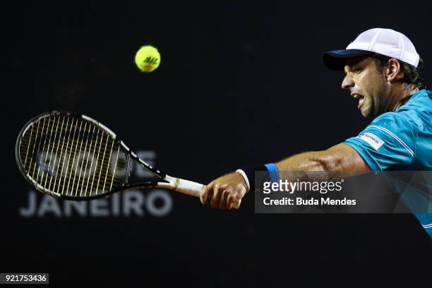Horacio Zeballos of Argentina returns a shot to Gael Monfils of France during the ATP Rio Open 2018 at Jockey Club Brasileiro on February 20, 2018 in...