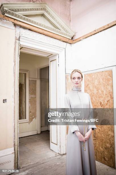 Model backstage ahead of the A by Jigsaw Presentation during London Fashion Week February 2018 on February 20, 2018 in London, England.