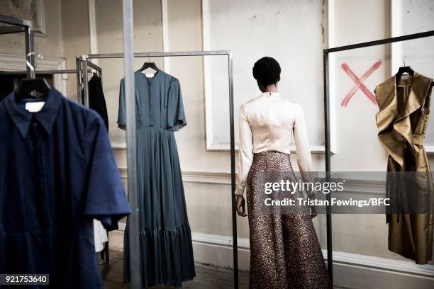 Model backstage ahead of the A by Jigsaw Presentation during London Fashion Week February 2018 on February 20, 2018 in London, England.