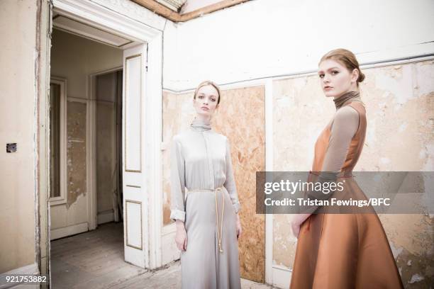 Models backstage ahead of the A by Jigsaw Presentation during London Fashion Week February 2018 on February 20, 2018 in London, England.