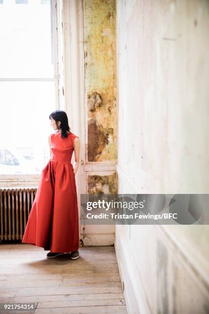 Model poses at the Merchant Archive Presentation during London Fashion Week February 2018 on February 20, 2018 in London, England.