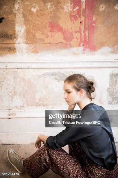 Model poses at the Merchant Archive Presentation during London Fashion Week February 2018 on February 20, 2018 in London, England.