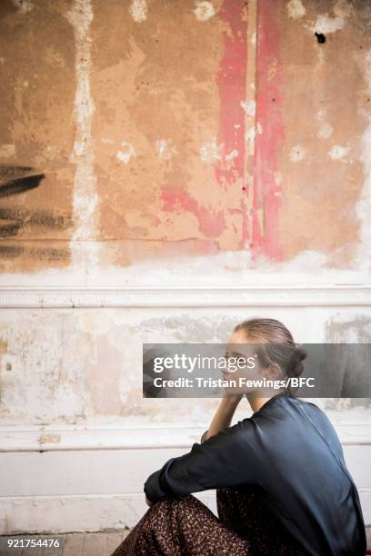 Model poses at the Merchant Archive Presentation during London Fashion Week February 2018 on February 20, 2018 in London, England.