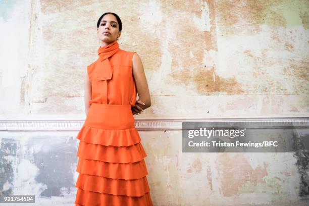 Model poses at the Merchant Archive Presentation during London Fashion Week February 2018 on February 20, 2018 in London, England.