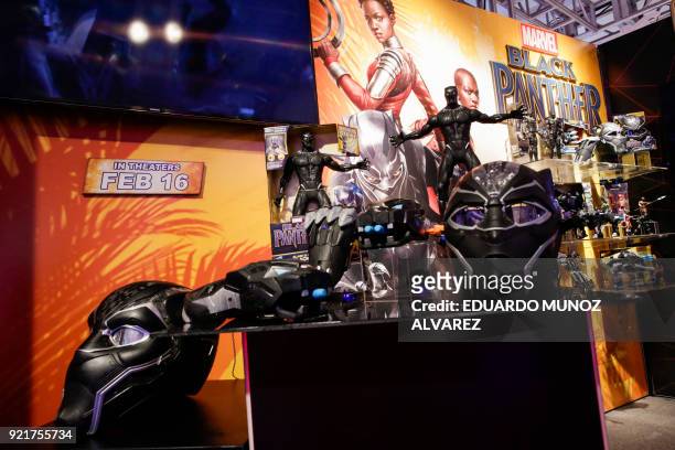 "Black Panther" items are displayed for attendees at the Hasbro showroom during the annual New York Toy Fair, on February 20 in New York. Panther...