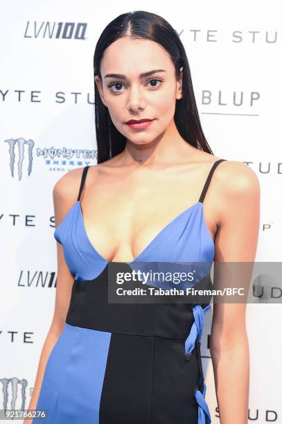 Guest attends the Whyte Studio Freestyle Event during London Fashion Week February 2018 at The White Space on February 20, 2018 in London, England.