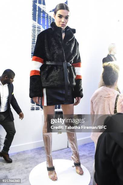 Model poses at the Whyte Studio Freestyle Event during London Fashion Week February 2018 at The White Space on February 20, 2018 in London, England.