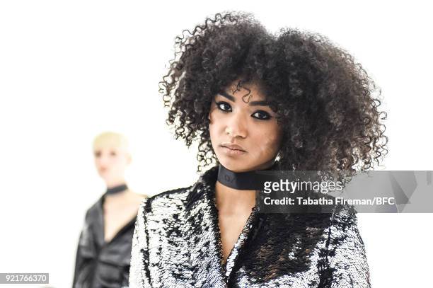 Model poses at the Whyte Studio Freestyle Event during London Fashion Week February 2018 at The White Space on February 20, 2018 in London, England.