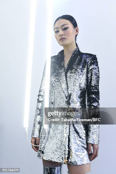 Model poses at the Whyte Studio Freestyle Event during London Fashion Week February 2018 at The White Space on February 20, 2018 in London, England.